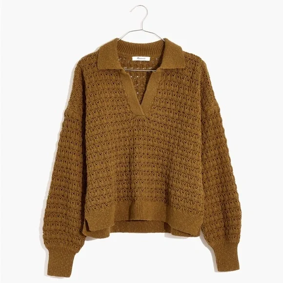 Madewell Sunbury Open-Stitch Polo Sweater in Golden Spinach, size M - Picture 2 of 7